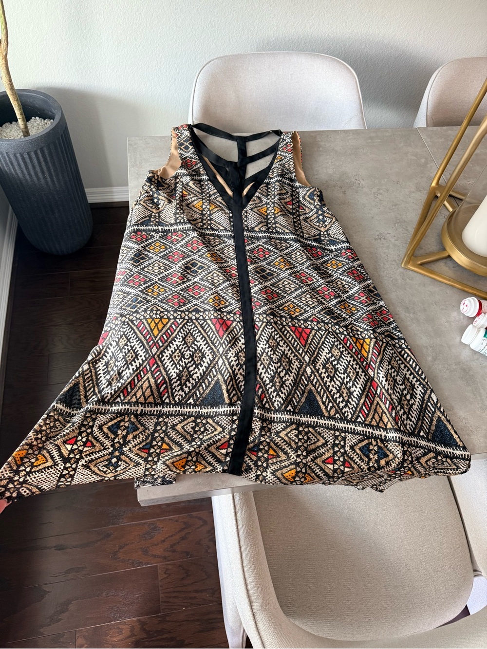 Sleeveless V-Neck Tribal Print Dress - Black Trim